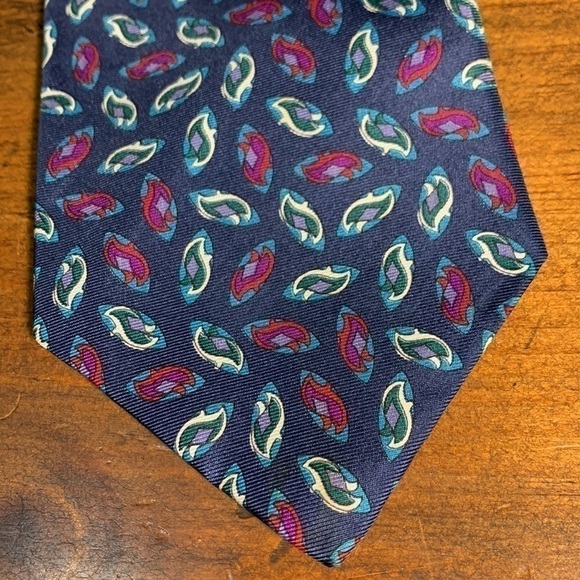 Christian Dior navy with teal, magenta & other colors geometric design silk tie - Picture 1 of 5